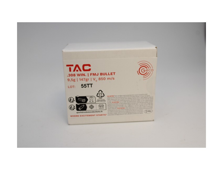 Geco calibre 308W , TAC FMJ, 147 grains/ 9,5 gr / 20